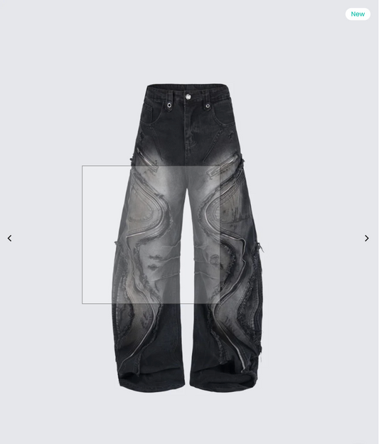 Dark Wavy Zipper Deconstructed Wide Denim Pants New